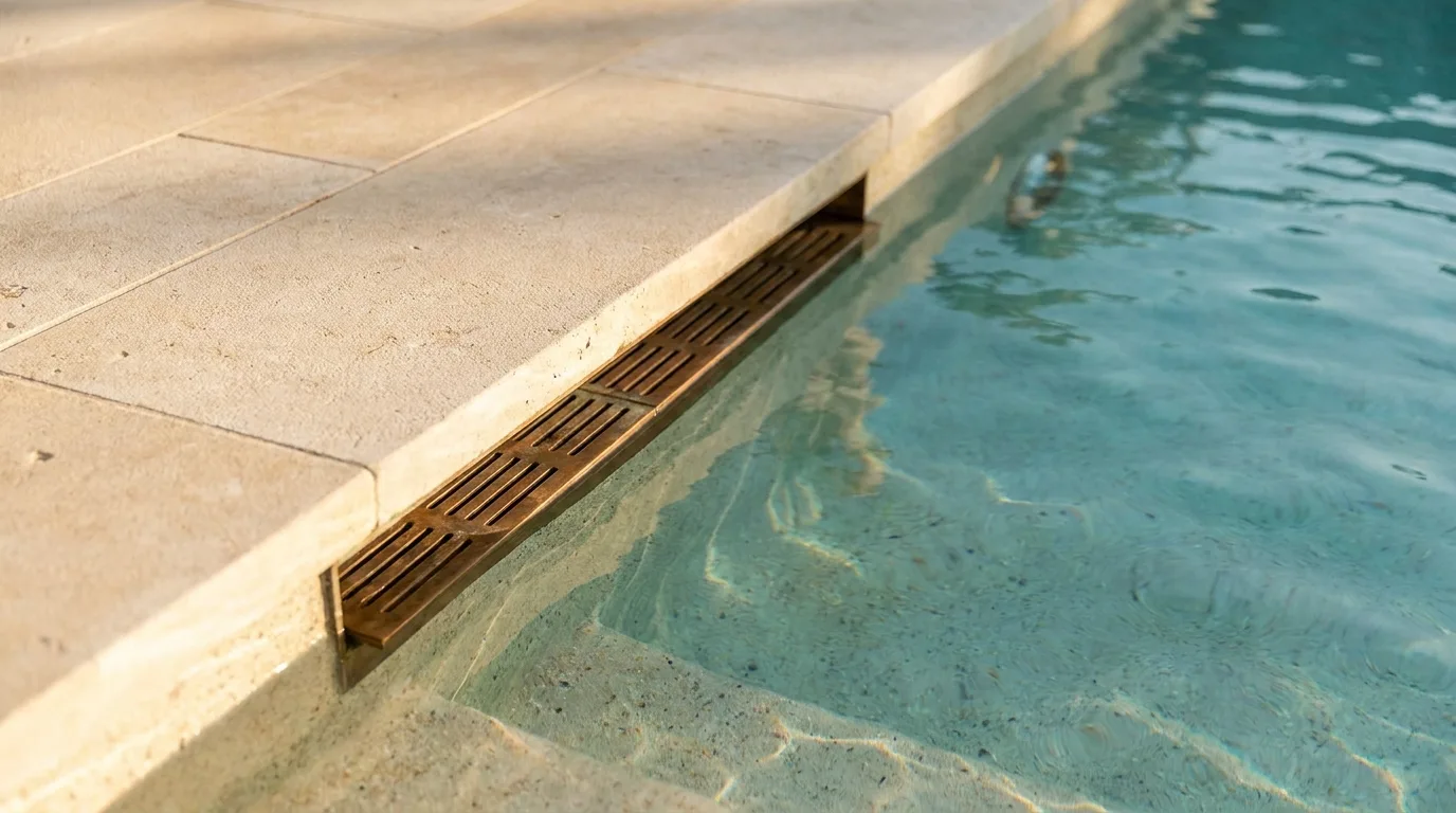 A restrained detail suggesting technical infrastructure beneath a finished lagoon edge
