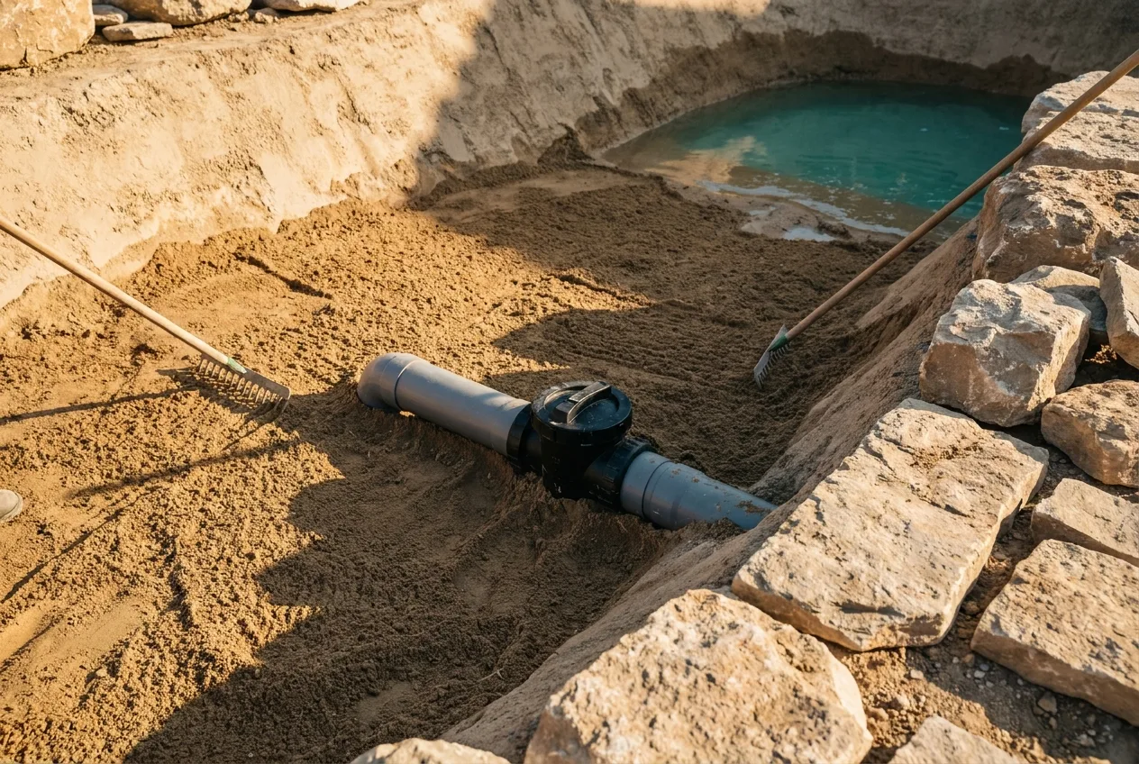 A close-up of a lagoon filtration element and sand basin during the build process